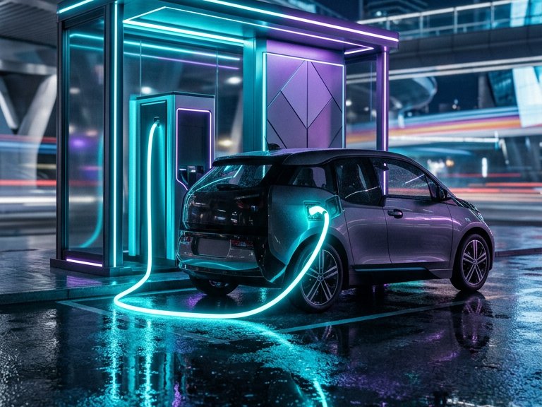 Ilustración de un auto eléctrico en una estación de carga ultrarrápida
