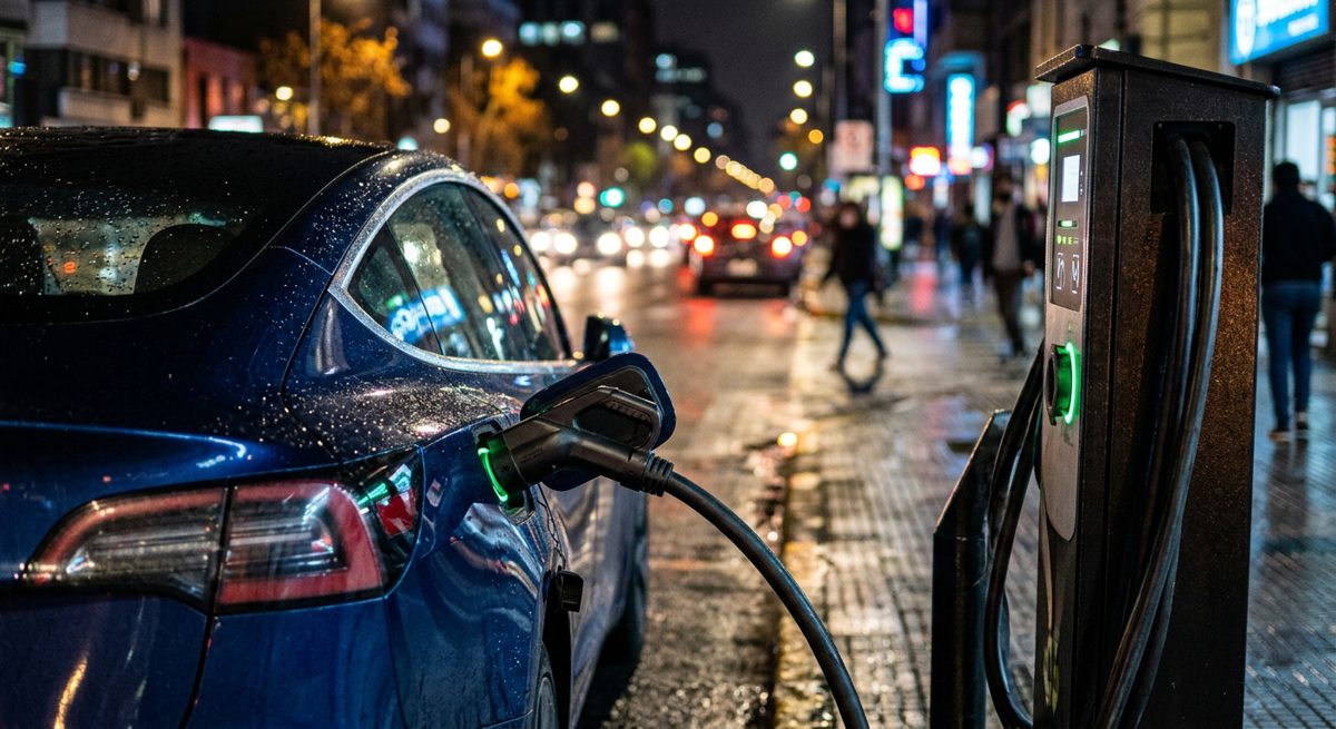Auto eléctrico conectado a un cargador en una calle de noche (ilustración)